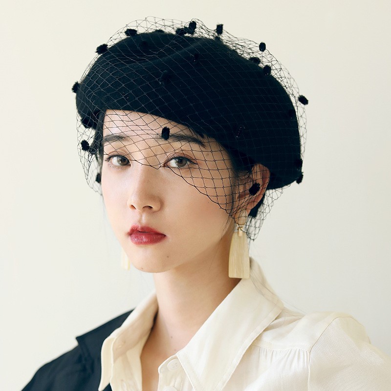 网纱贝雷帽女秋冬蓓蕾帽优