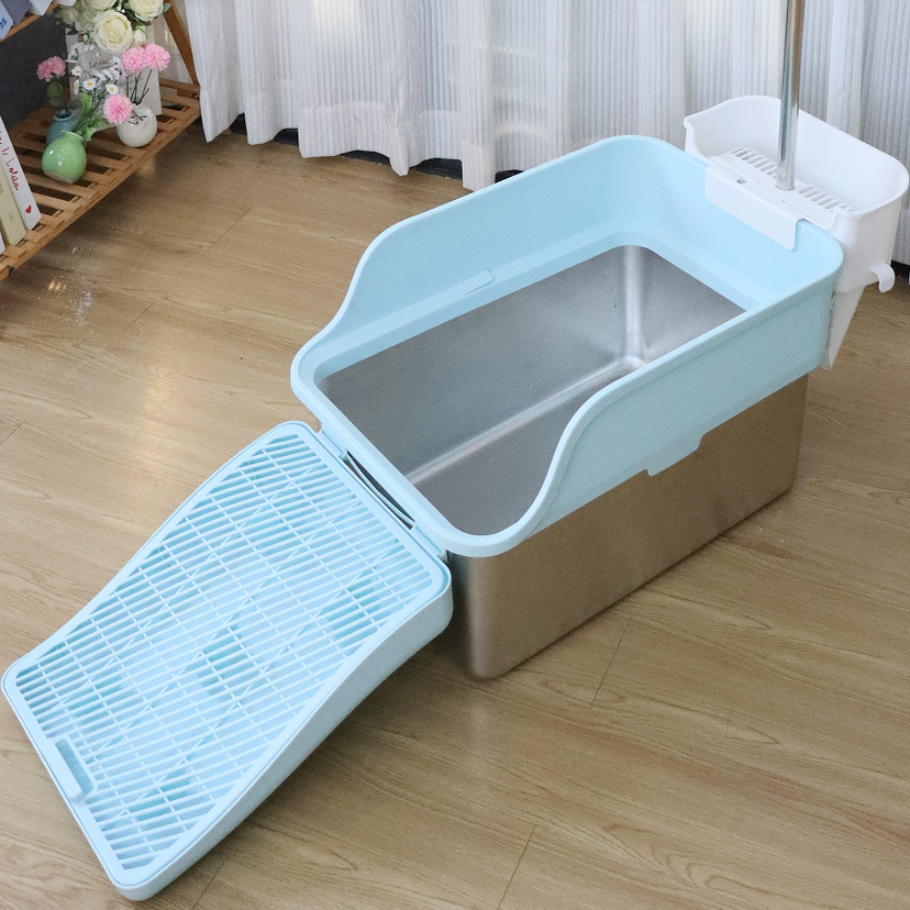 杠杆力开放式大容量不锈钢猫砂盆