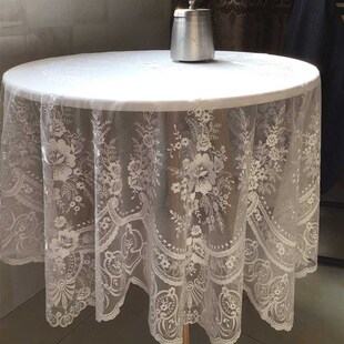 蕾丝桌布涤伦网布刺绣圆形直径145CM大尺寸花边电视盖布外贸台布