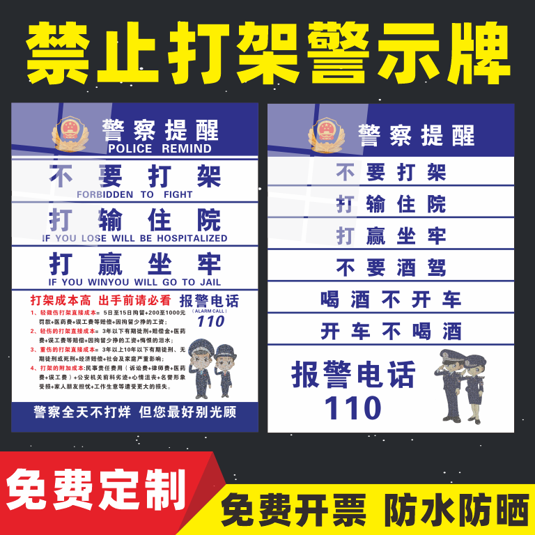 禁止打架警示牌警察提醒
