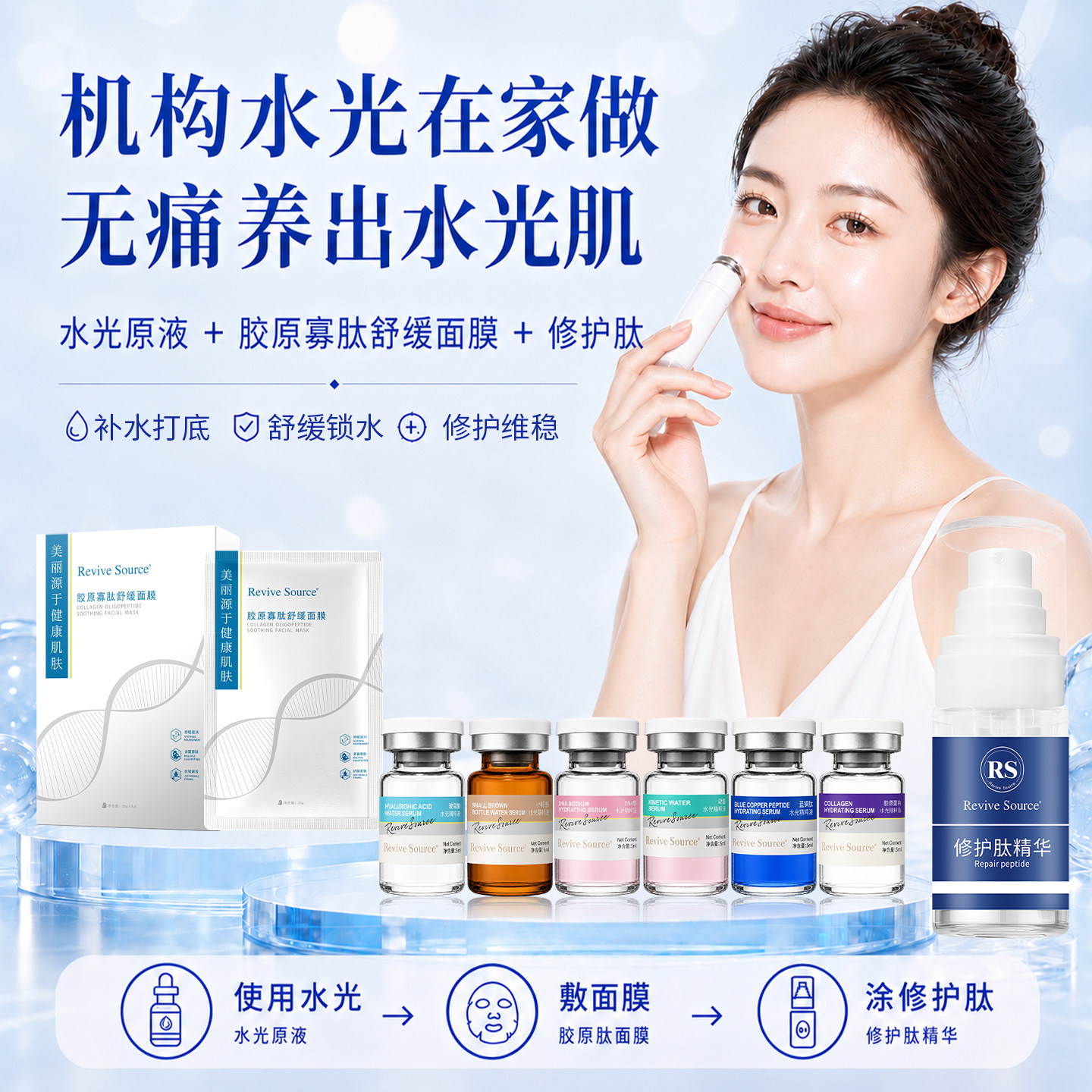 居家无痛水光护肤套组补水锁水修护肽精华喷雾胶原蛋白舒缓面膜