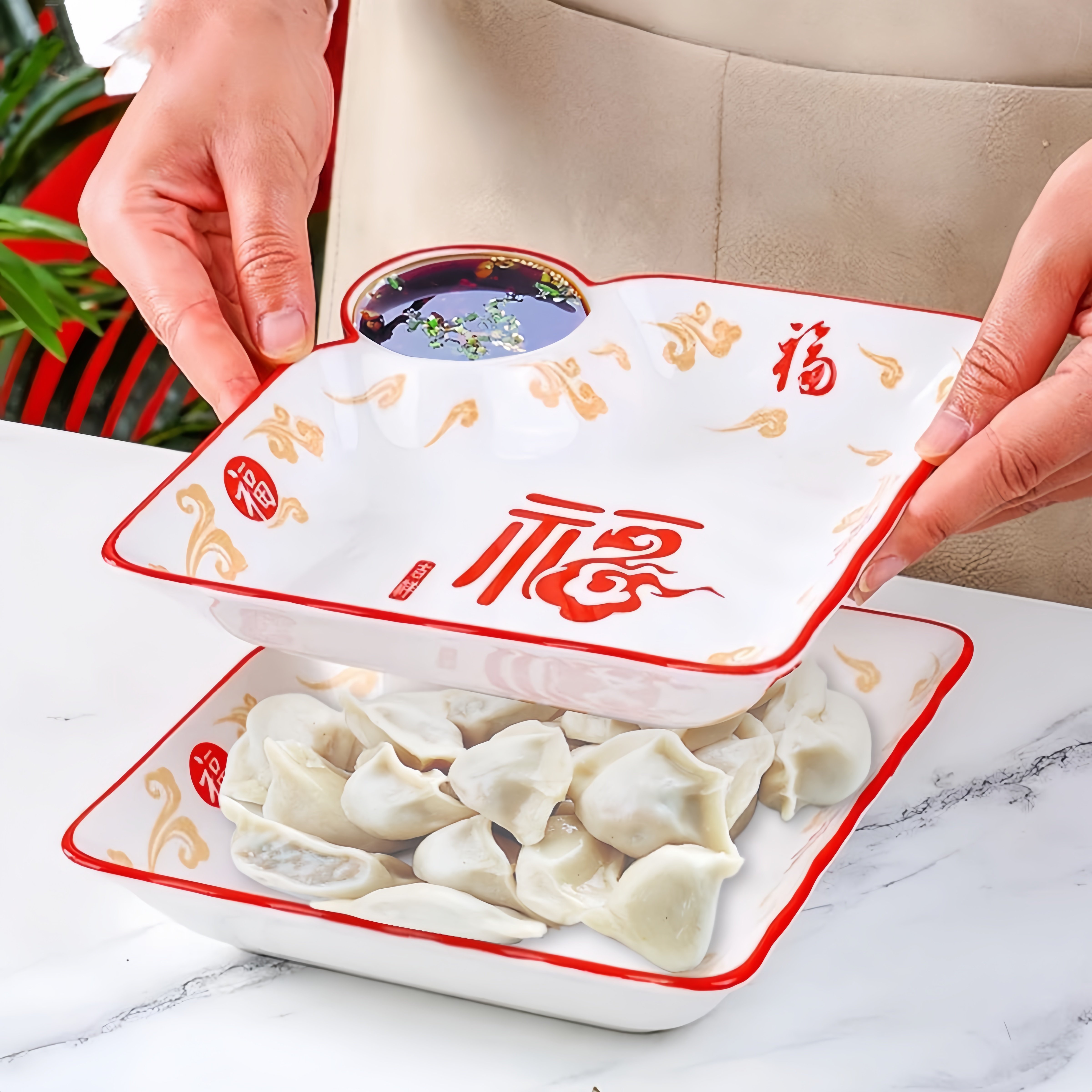 五福临门陶瓷水饺盘带蘸碟高端釉下彩虾盘春节喜庆分格餐盘碟子