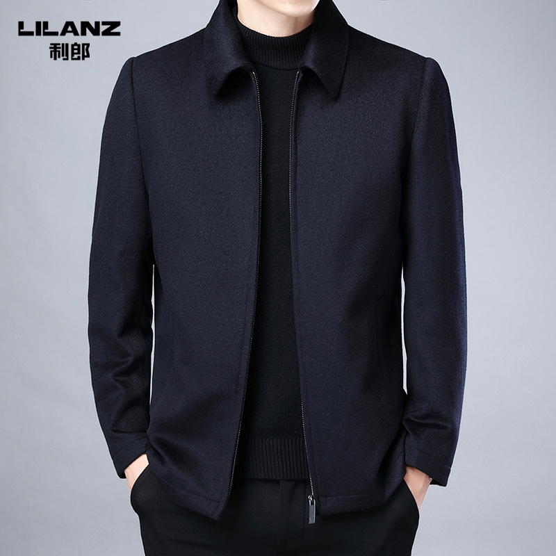 利郎男装100%纯羊毛毛呢大衣冬季新款翻领纯色呢子夹克外套爸爸装