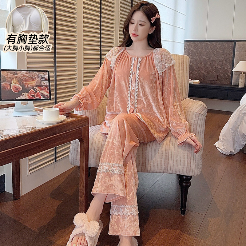 2026新款金钻绒睡衣女带胸垫冬季长袖加厚高级感网红风保暖居家服