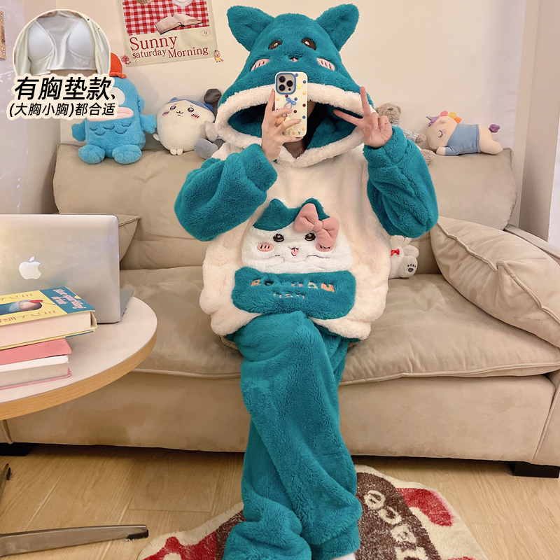 加绒加厚连帽冬季睡衣女款带胸垫