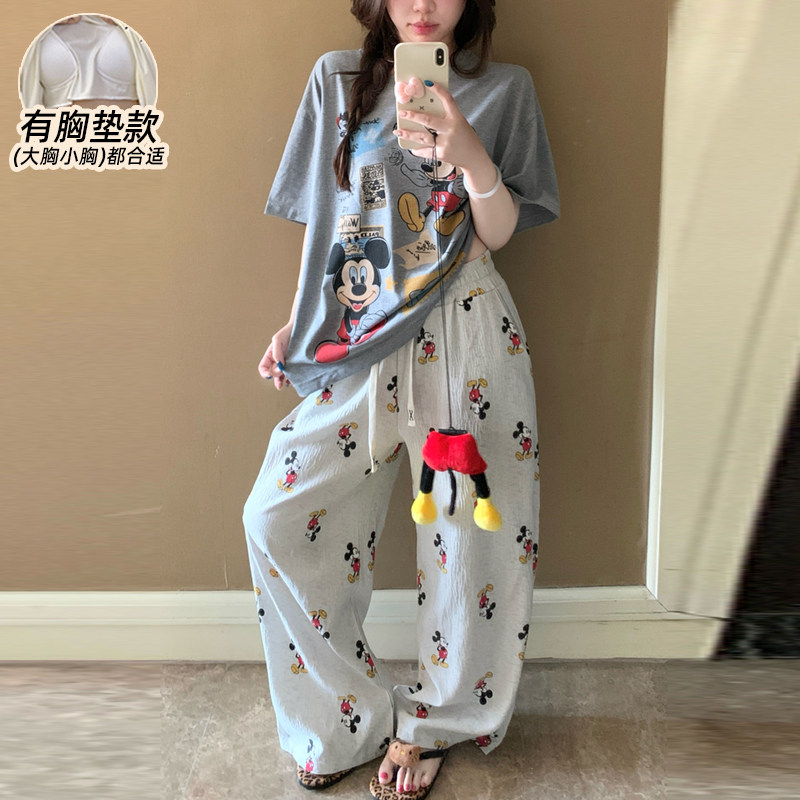 可爱米奇睡衣女款夏带胸垫纯棉短袖长裤2026新款加大码卡通居家服