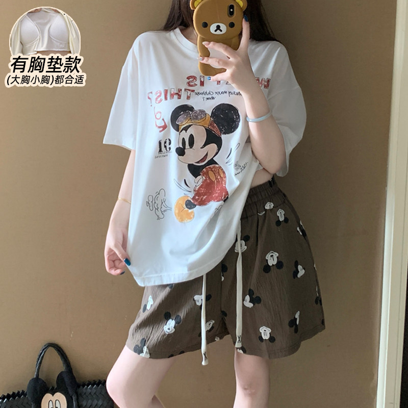 可爱米奇睡衣女款夏纯棉带胸垫短袖2026新款加大码网红风套装薄款