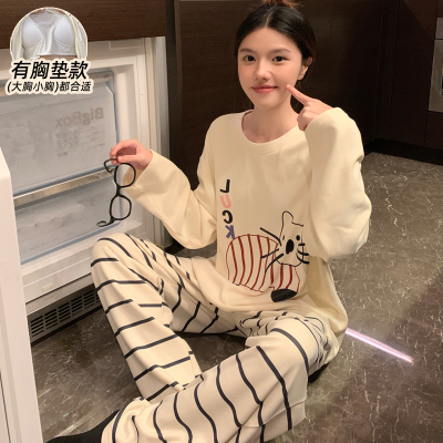 睡衣女款长袖德绒加厚带胸垫卡通