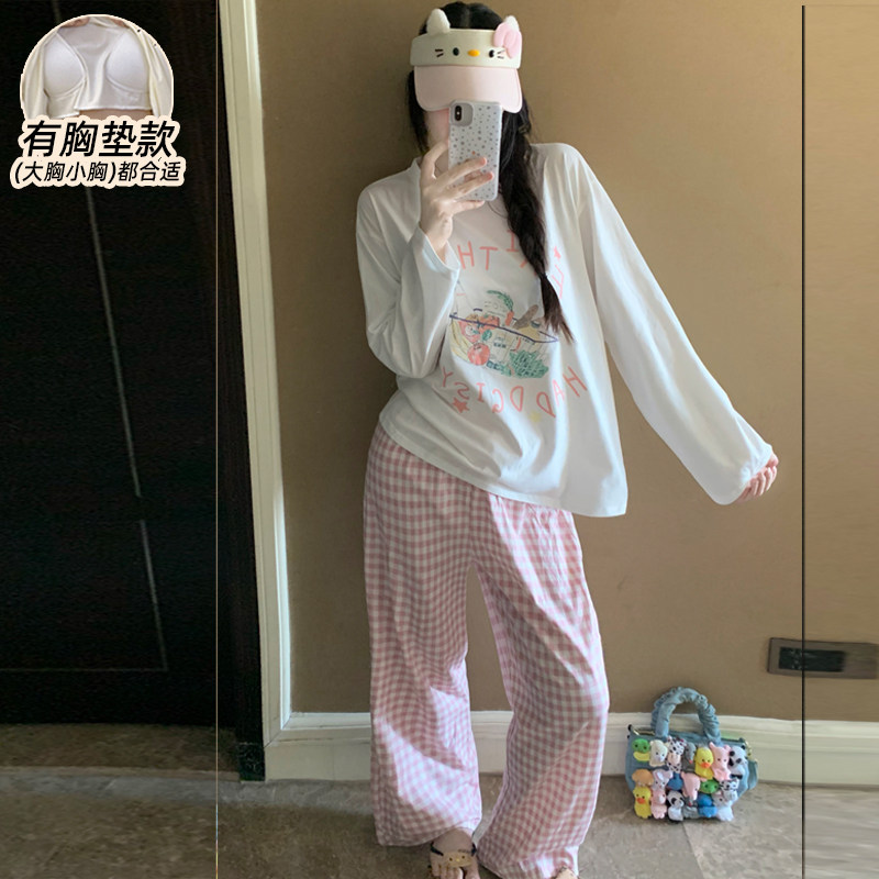 格子睡衣女带胸垫100全棉2026秋季新品长袖纯棉卡通可外穿家居服