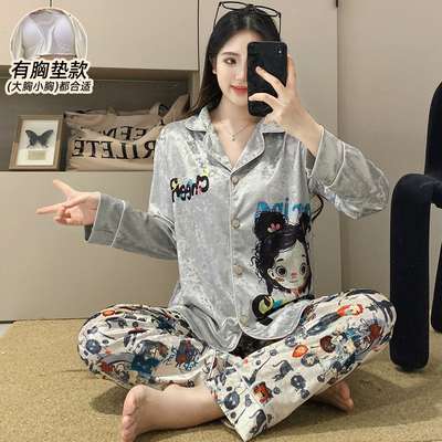 带胸垫睡衣女款秋冬季加厚保暖长袖2025新款金钻绒可外穿套装大码