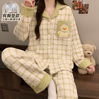 秋冬季睡衣女款长袖空气棉夹层