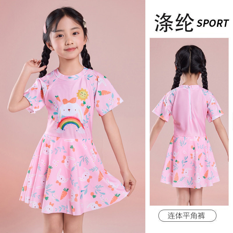 跨境儿童泳装女童夏季新款裙子款保守游泳衣拉链连体裙裤游泳衣服