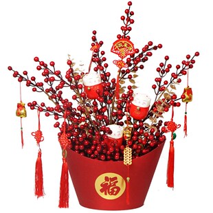 2021新款发财果套装家居喜庆摆件尤冬青春节气氛布置红果福筒插花