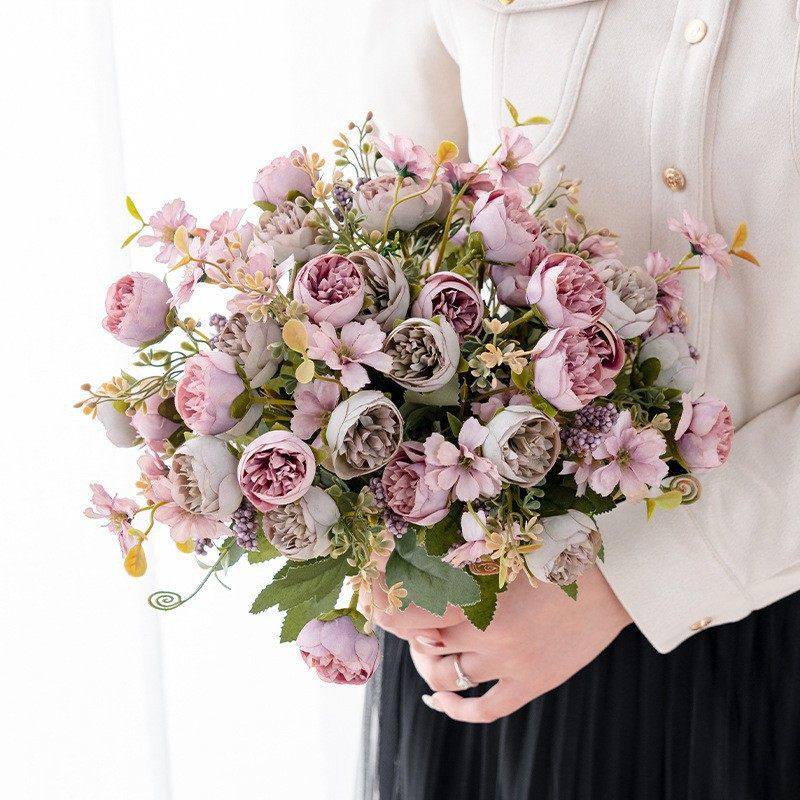 厂家复古5杈胭脂珠串花束玫瑰花装饰花假花仿真花装饰花绢花