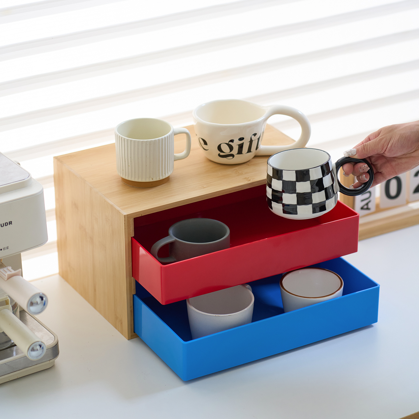 XEMO多巴胺楠竹抽拉桌面收纳盒抽屉式茶杯水杯咖啡杯架整理置物架