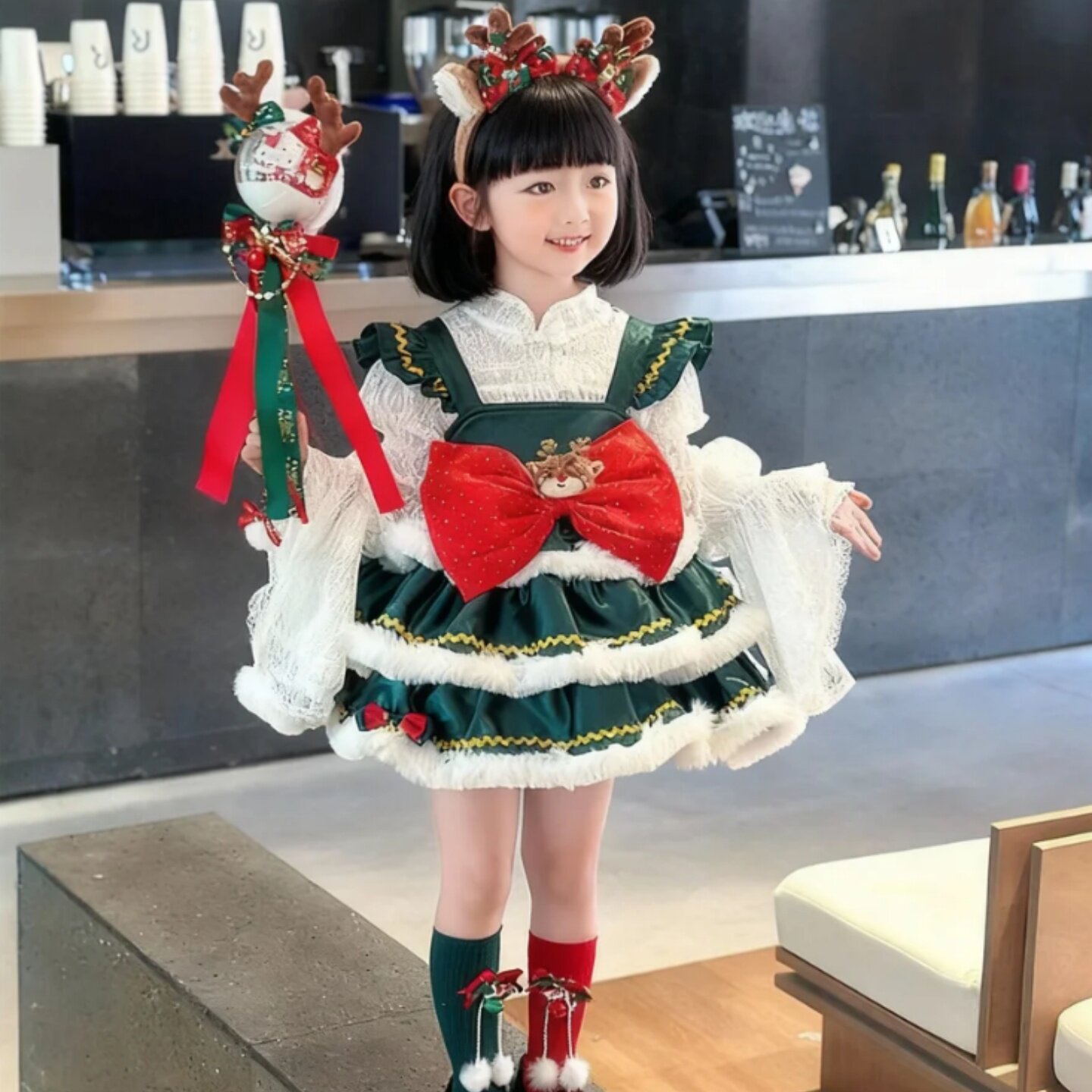 新款氛围感穿搭两件套圣诞节服装女童连衣裙洛丽塔公主裙蓬蓬裙