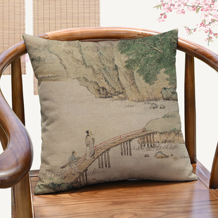 中式抱枕靠垫中国风携琴访友图抱枕办公室茶楼茶室靠垫书房靠枕