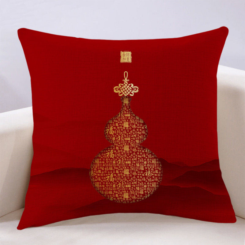 新中式客厅寓意福禄靠山抱枕葫芦靠枕搭配靠背大靠包红色红木沙发