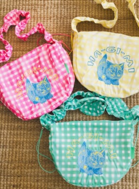 SIF MERMER格子猫咪刺绣褶皱荷叶边抽绳系带斜挎腋下手提饺子包