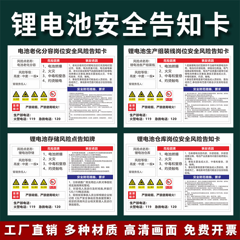 锂电子安全告知卡电池仓库标识牌火灾事故现场处置方案当心有电危险