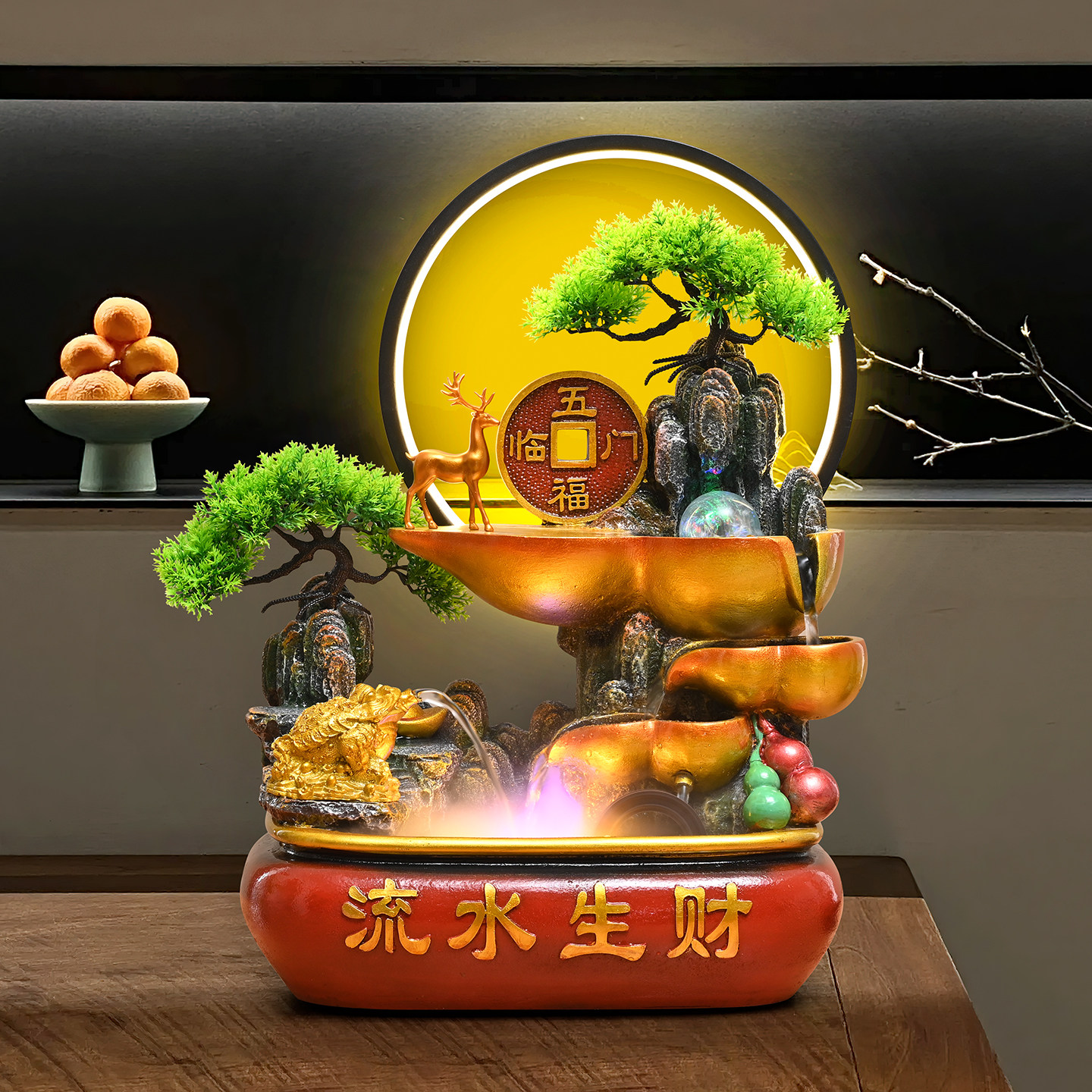 中式流水生财桌面摆件葫芦假山盆景招财进宝家居装饰品开业风水轮