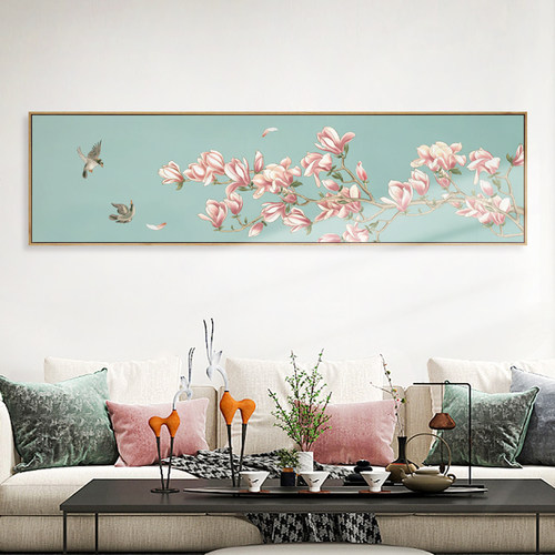 茜牡客厅卧室背景墙新中式花鸟画