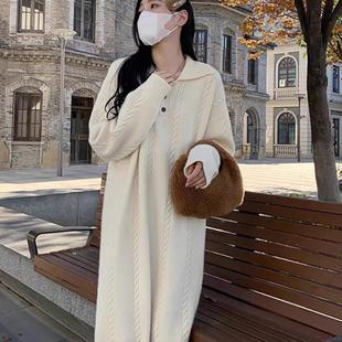 新款 秋冬季 女加厚POLO翻领纯色麻花针织连衣裙宽松慵懒风毛衣裙子