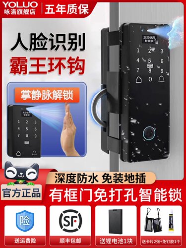 咏洛人脸识别有框玻璃门指纹锁免开孔双门商铺密码肯德基门智能锁