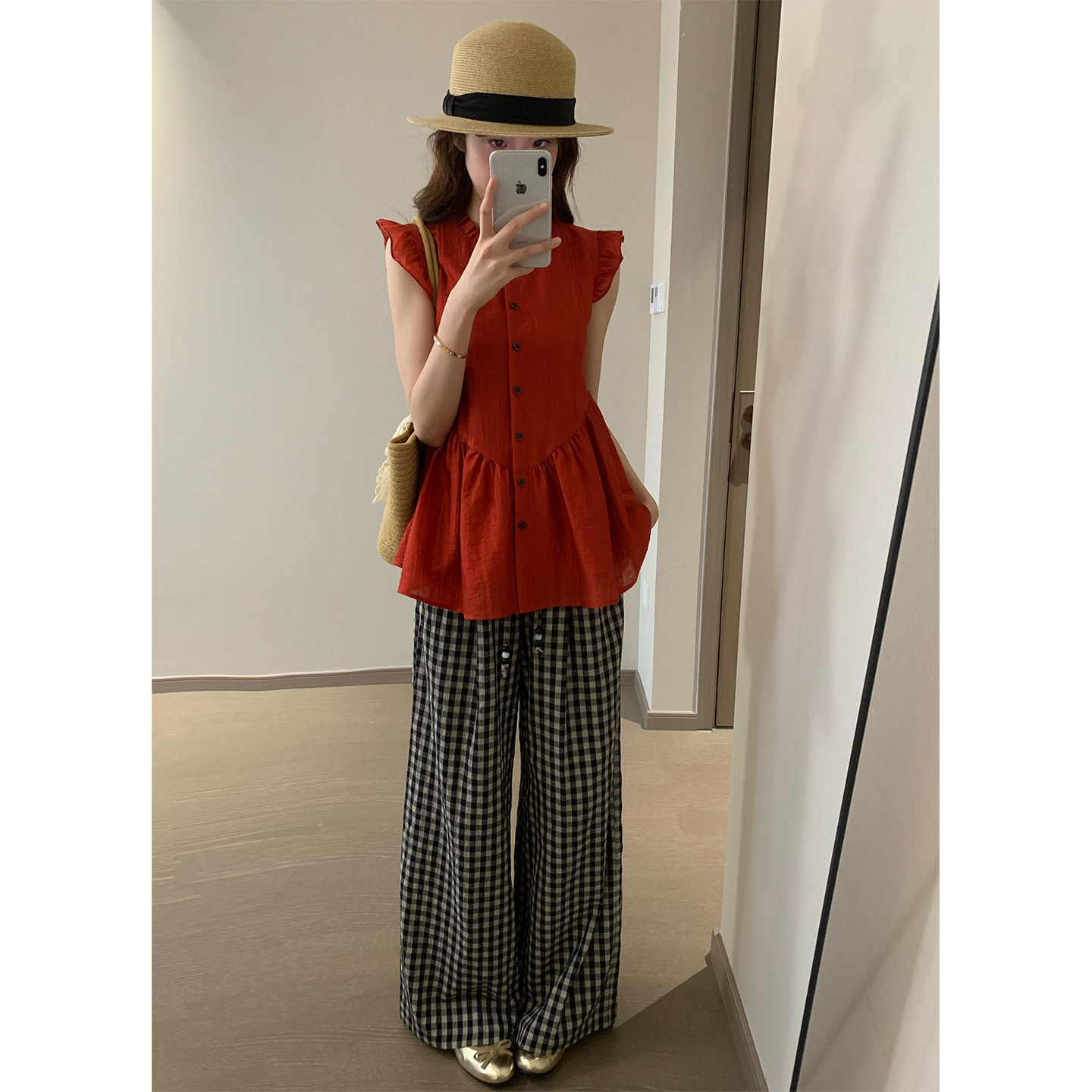 我很懒 调色板 枫叶红短袖衬衫女夏季显瘦多巴胺小飞袖天丝上衣