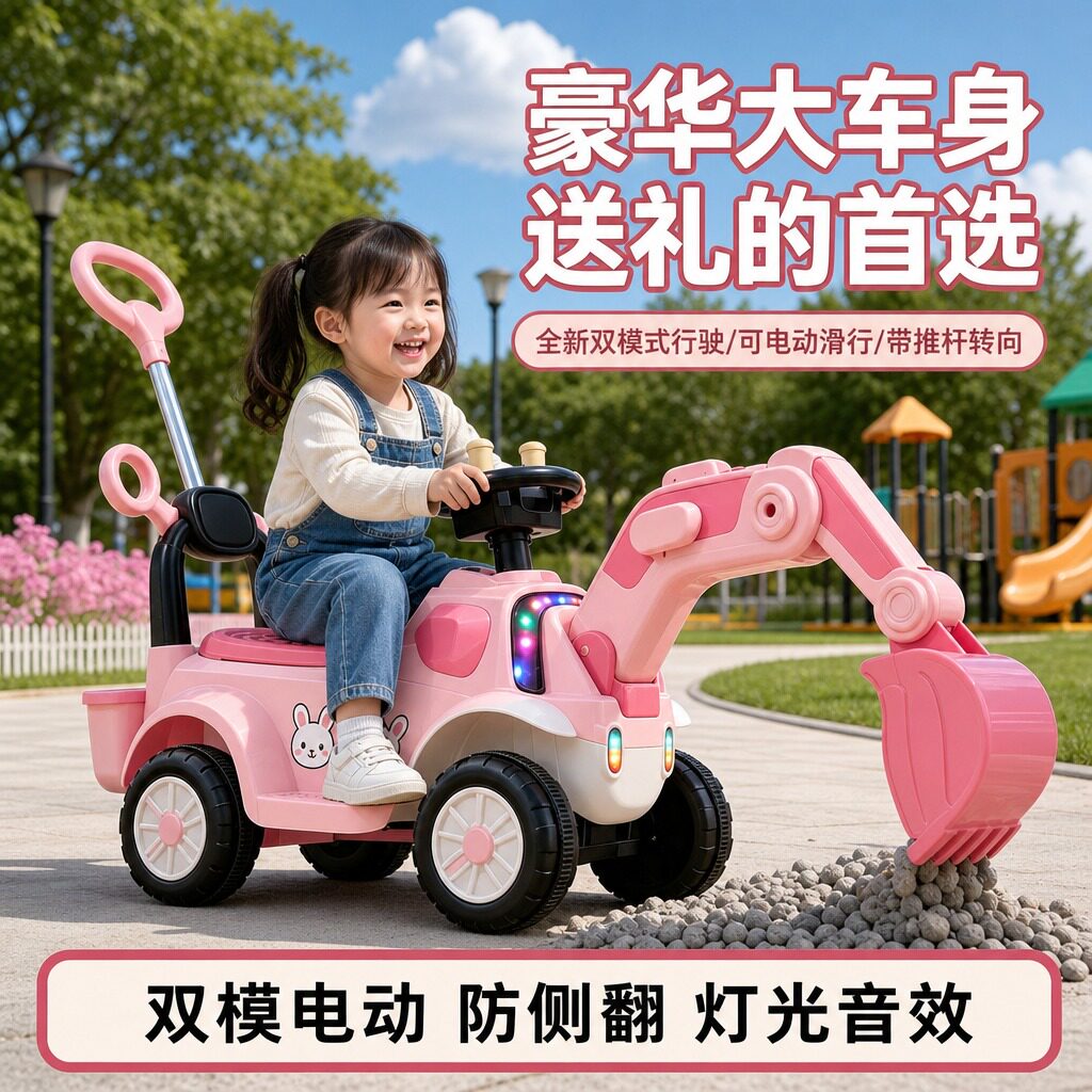 儿童挖掘机双模式灯光音效电动车