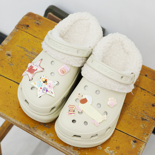 Mkop毛绒洞洞鞋内胆可拆卸冬天配饰加绒云朵泡芙适配Cross/Crocs