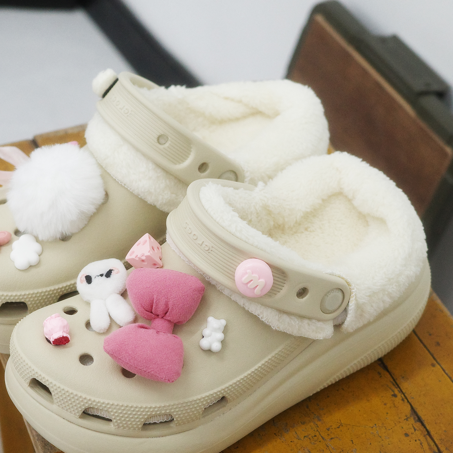 Mkop洞洞鞋毛绒内胆棉可拆卸加绒鞋花泡芙云朵适配Cross/Crocs
