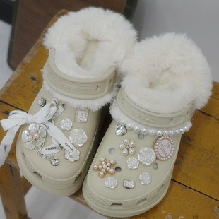 Mkop洞洞鞋内胆毛绒可拆卸冬天配饰鞋花泡芙云朵适配Crocs/Cross