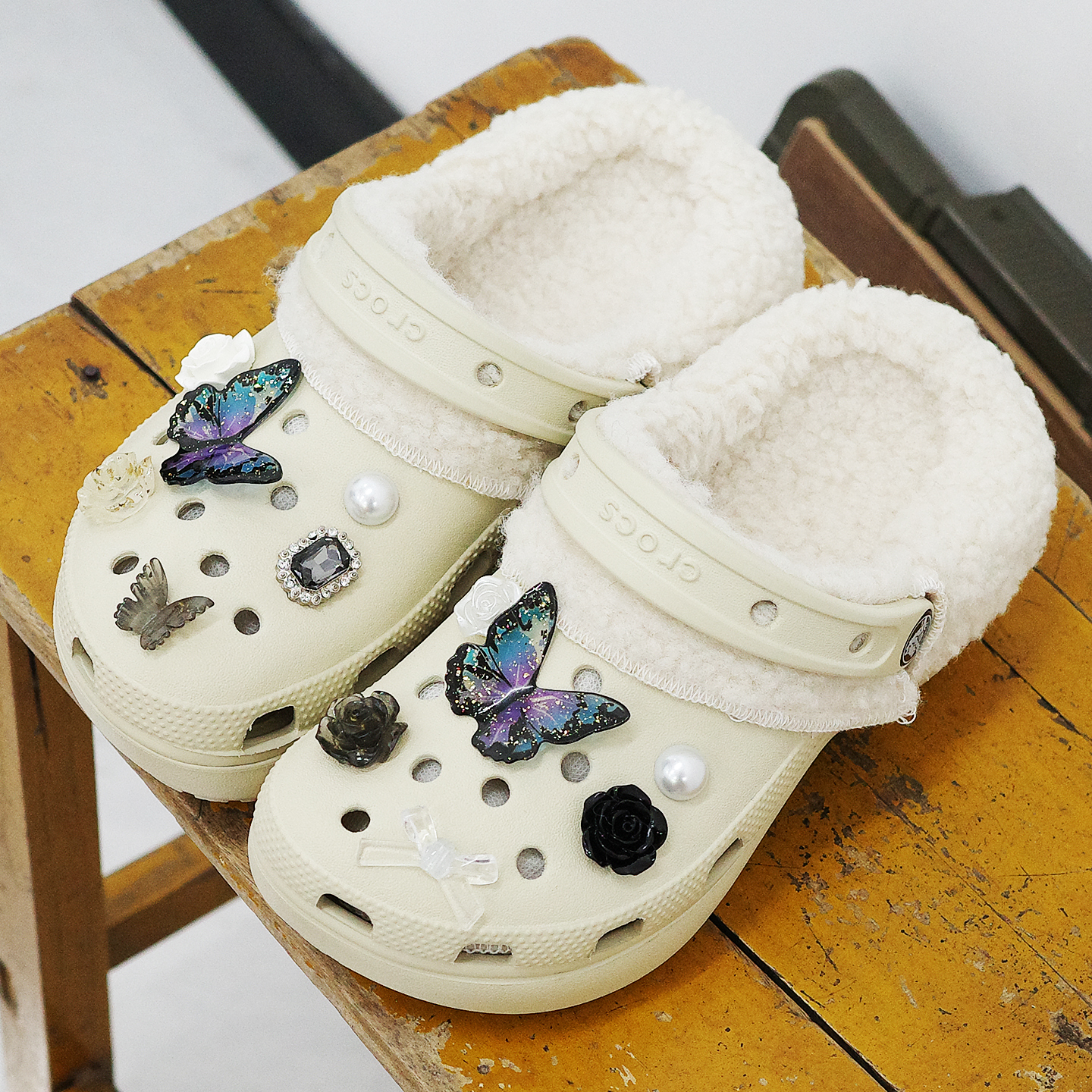 Mkop洞洞鞋毛绒内胆可拆卸冬天加绒鞋套云朵泡芙适配Cross/Crocs