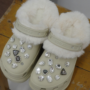 Mkop洞洞鞋毛绒内胆冬天配饰鞋套鞋花适配Cross/Crocs云朵泡芙