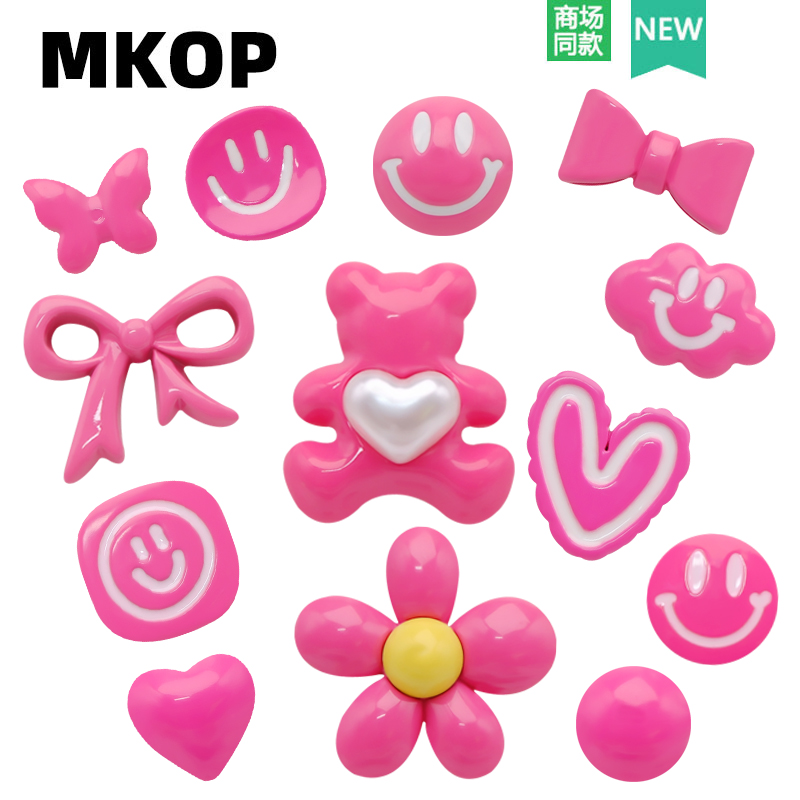 Mkop洞洞鞋配饰玫红小熊蝴蝶鞋花