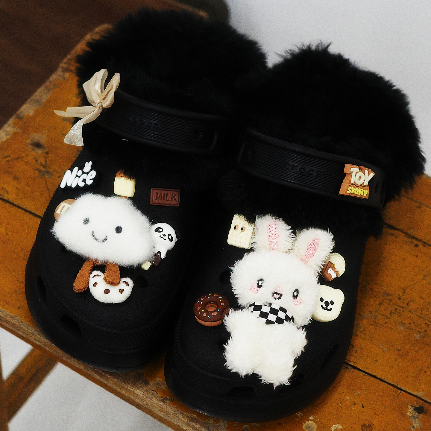 Mkop洞洞鞋毛绒内胆可拆卸冬天加绒鞋花云朵泡芙适配Cross/Crocs