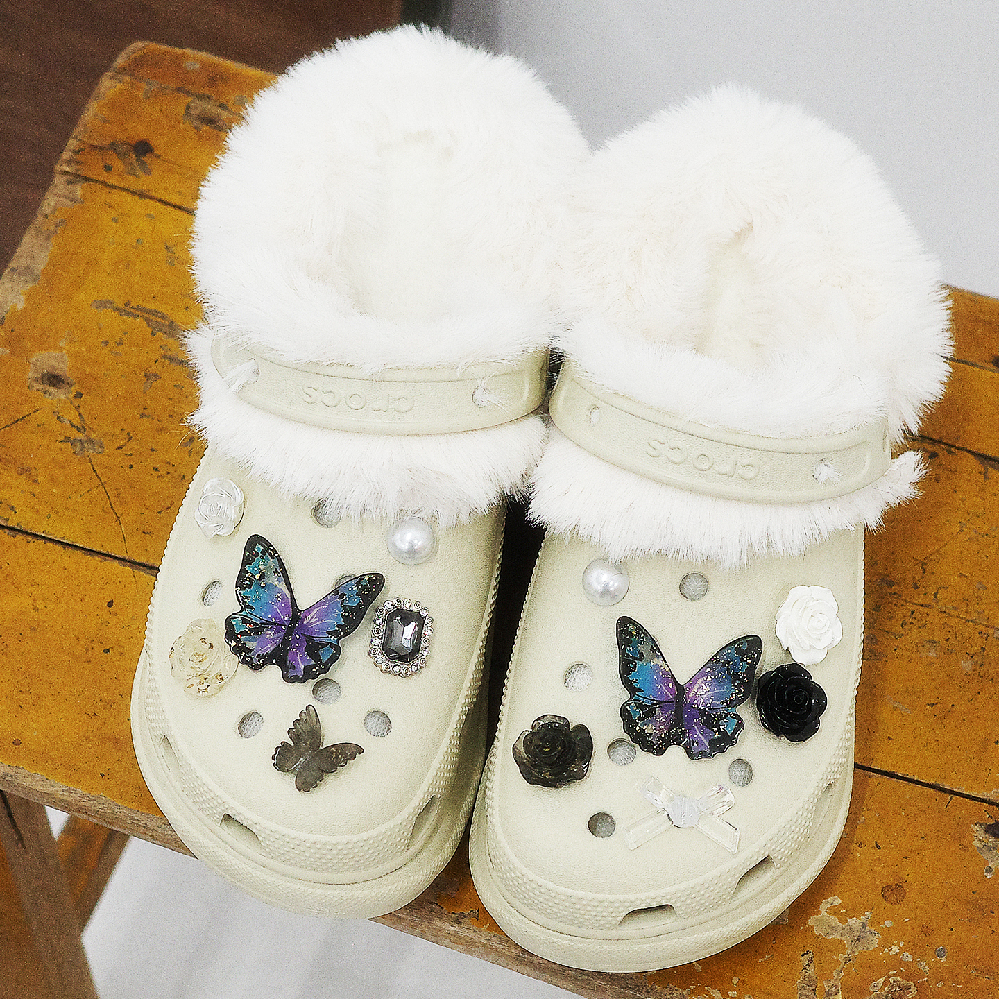 Mkop毛绒洞洞鞋内胆可拆卸冬天加绒鞋花泡芙云朵适配Cross/Crocs