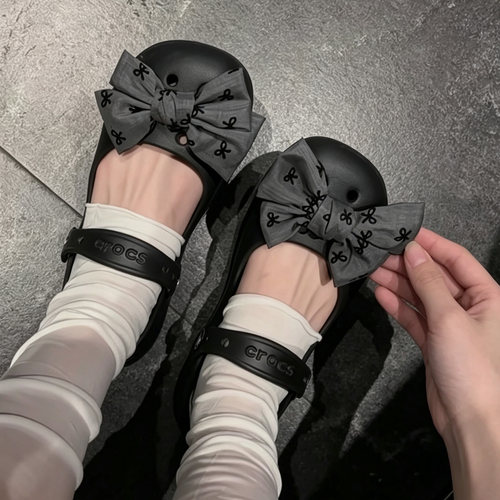 MKOP洞洞鞋配饰高级感鞋扣配件灰底小蝴蝶结鞋花适配Cross/Crocs