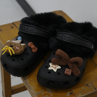 Mkop洞洞鞋内胆毛绒棉冬天配饰鞋套鞋花适配Cross/Crocs泡芙云朵