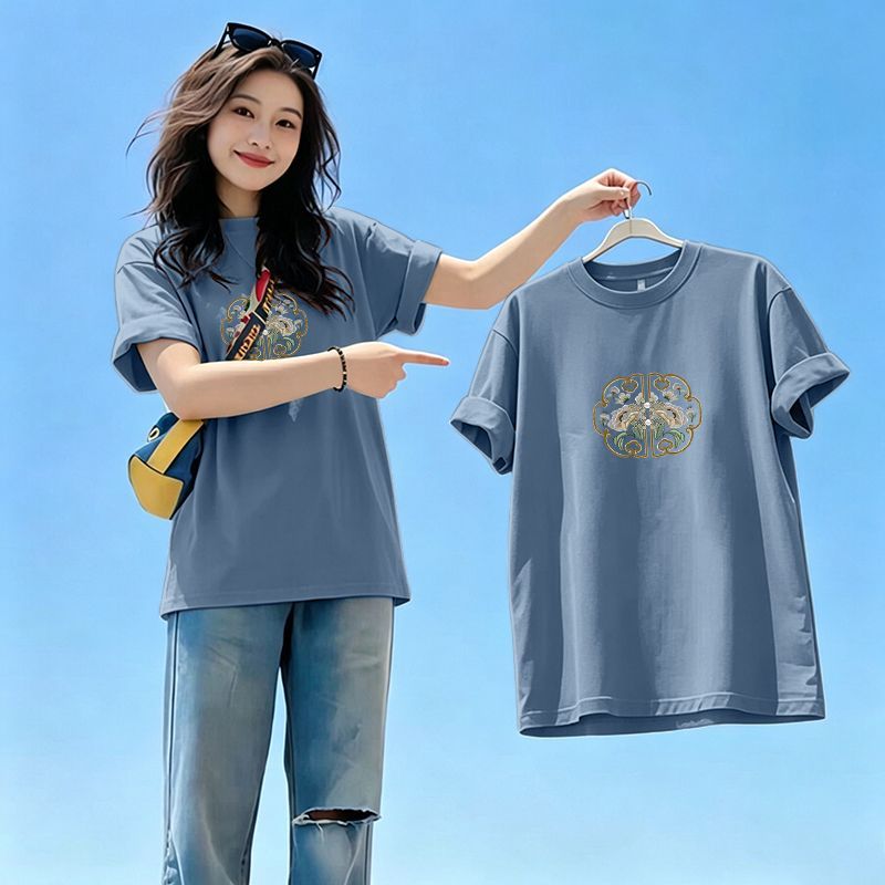 纯棉雾蓝色中长款短袖T恤女