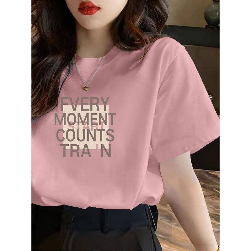 精梳纯棉短袖粉色印花T恤女夏季时尚韩版洋气百搭显瘦基础款上衣