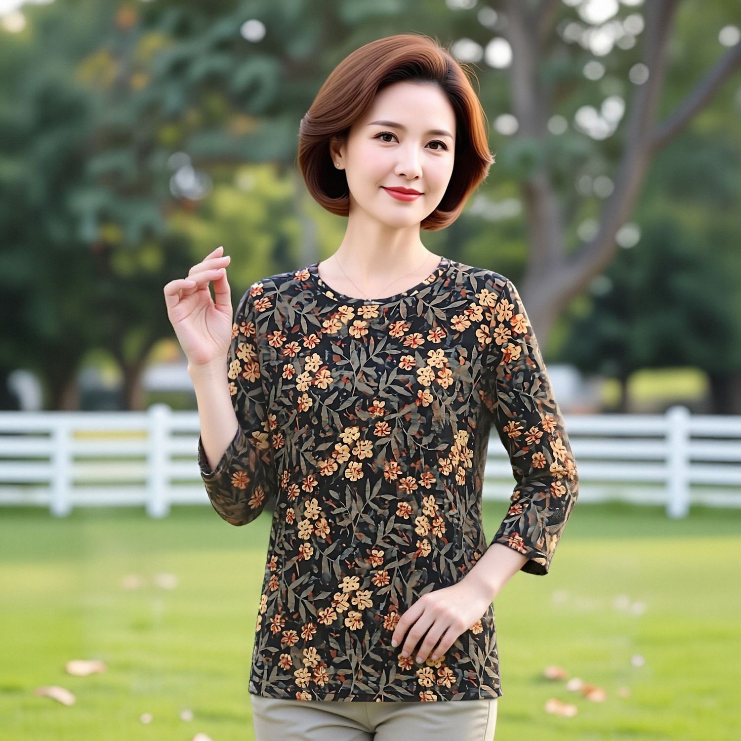 凉感冰丝七分袖扎染碎花T恤女