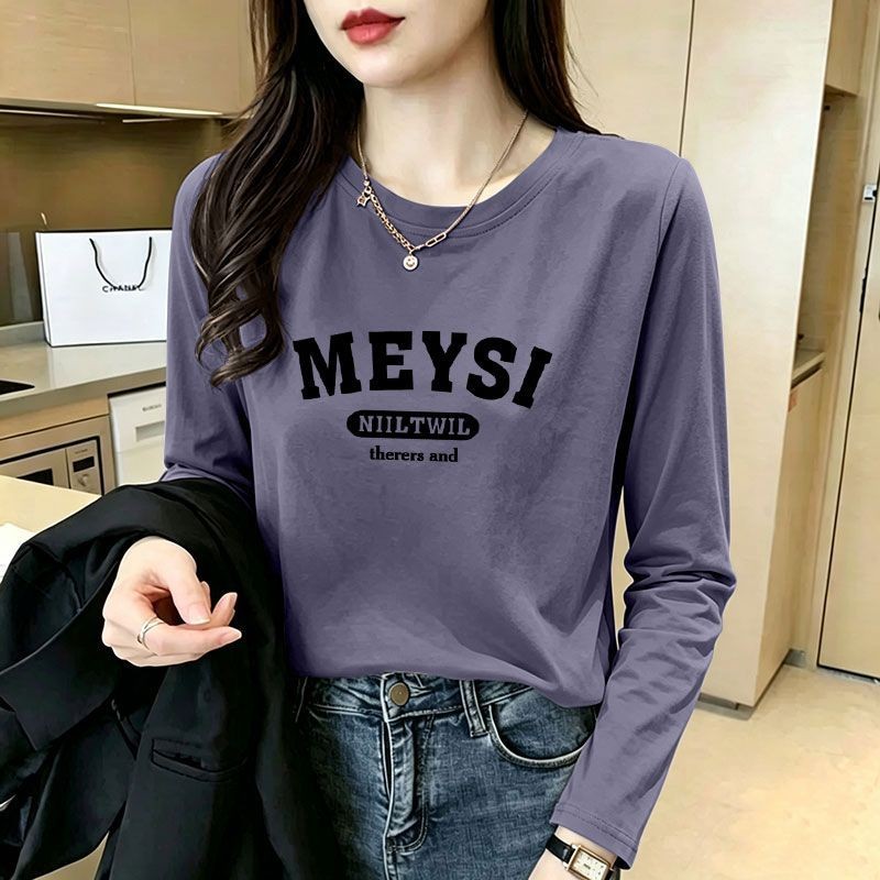 纯棉紫蓝色长袖印花圆领T恤女
