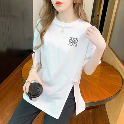 夏季100%纯棉短袖T恤女时尚设计感不规则百搭白色开叉ins上衣女士