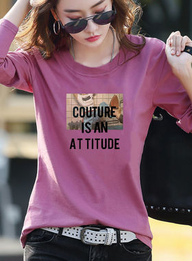 100%纯棉长袖t恤女秋冬新款韩版宽松显瘦百搭印花大码内搭上衣服i