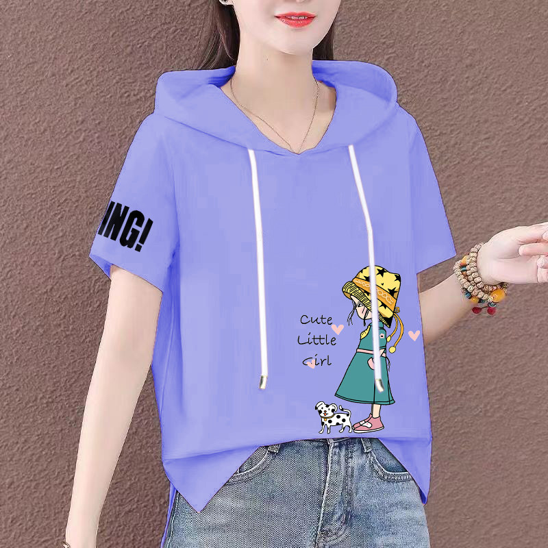 100%纯棉连帽短袖T恤女夏季新款时尚洋气减龄韩版设计感开叉上衣