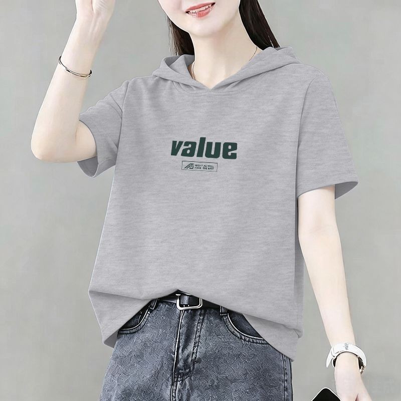 100%纯棉短袖连帽T恤卫衣女