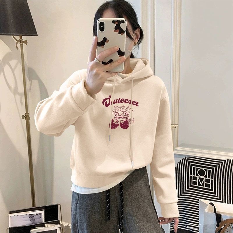 连帽加绒加厚短款高腰卫衣女