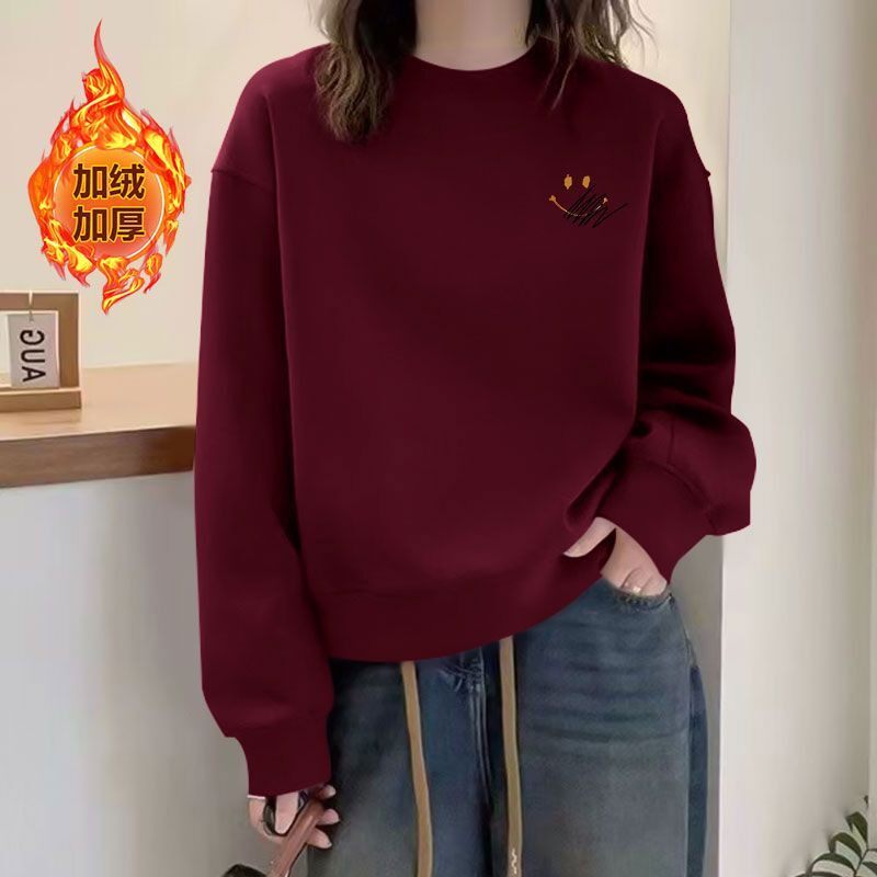 安可拉红加绒加厚纯棉短款卫衣女秋冬新款时尚韩版洋气小个子上衣